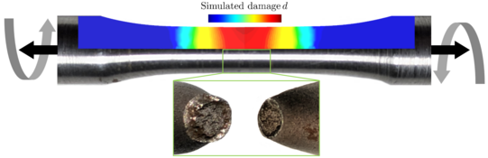 Combination of experimental setup, final fracture surfaces and numerical simulation of damage field