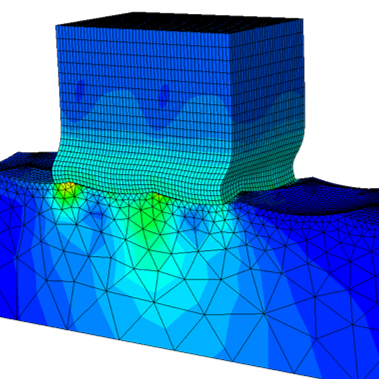 Passover simulation of a forming process The figure shows a cube meshed with finite elements with curved sides which show large plastic shearing. The body is in contact with a lengthy baseplate which has a honey-comb-like surface structuring on the top contact surface. The cube-metal seems to flow around the honeycomb surface structures and a rainbow-colorplot shows the resulting contact stress distribution.