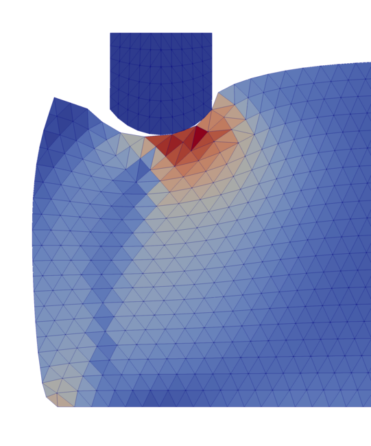 PFEM elastoplastic indentation problem A stiff indenter discretised with triangular Finite Elements is in contact with an elasto-plastic base plate. The plot shows the distribution of the equivalent stresses which form a characteristic contact pressure bulb below the contact point. The track of the indenter shows strongly plastified material which does not spring back. PFEM remeshing is visible in the reorientation of element edges.
