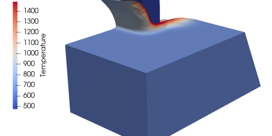 Simulation of chip formation in 3D A chip is separated from a cuboid workpiece. The temperature distribution during the process is shown.